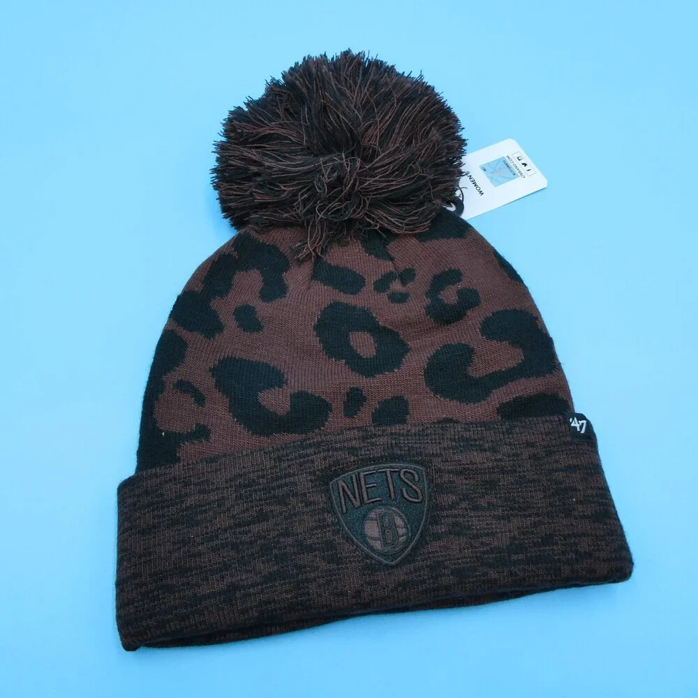 '47 Brand Brooklyn Nets Winter‎ Hat Womens Brown Knit Basketball Beanie Pom New